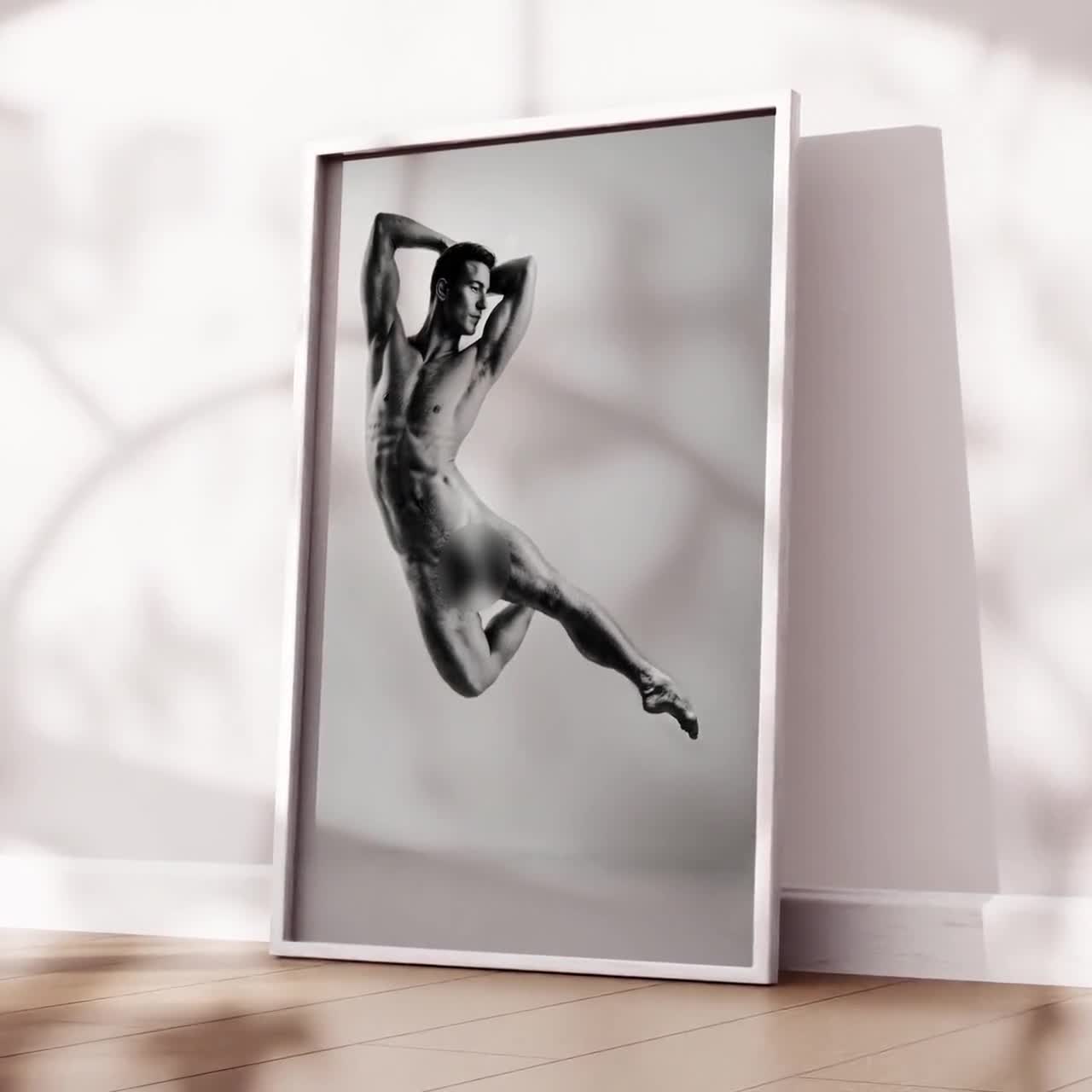 Male Nude Photo, Handsome Man Dancing, Hung Naked Ballet Dancer Man Shows  Big Penis in Full Frontal Nudity, Retro Physique Wall Art