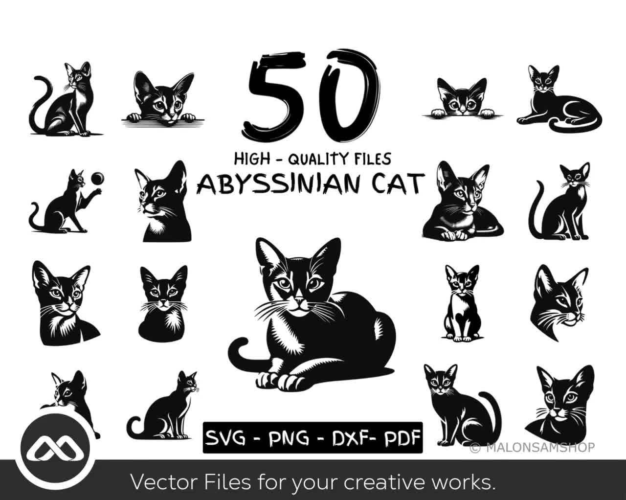 Abyssinian Cat SVG Bundle, 50 Black Cat Silhouette Files, Cute Cat