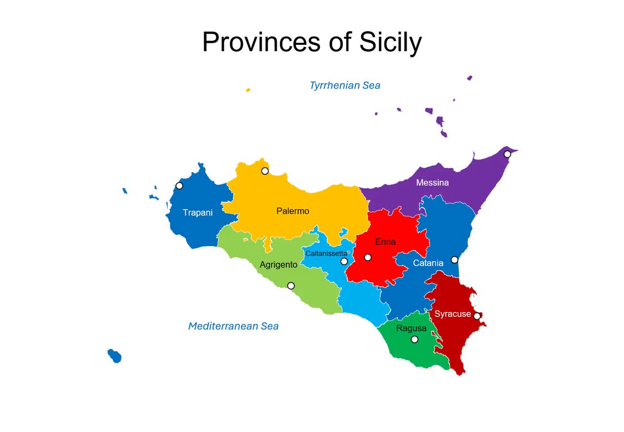 Editable PowerPoint Map of Italian Regions of Italy, Provinces of Sicily,  Provinces of Sardegna – including: Valle d’Aosta, Piemonte..., image size:1280x886