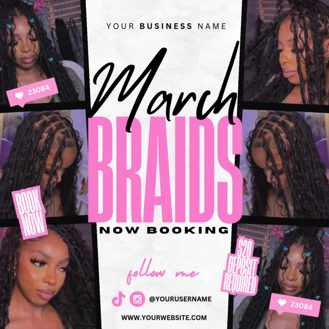 編集可能な March Braids フライヤー：ヘア インストール、ソーシャル