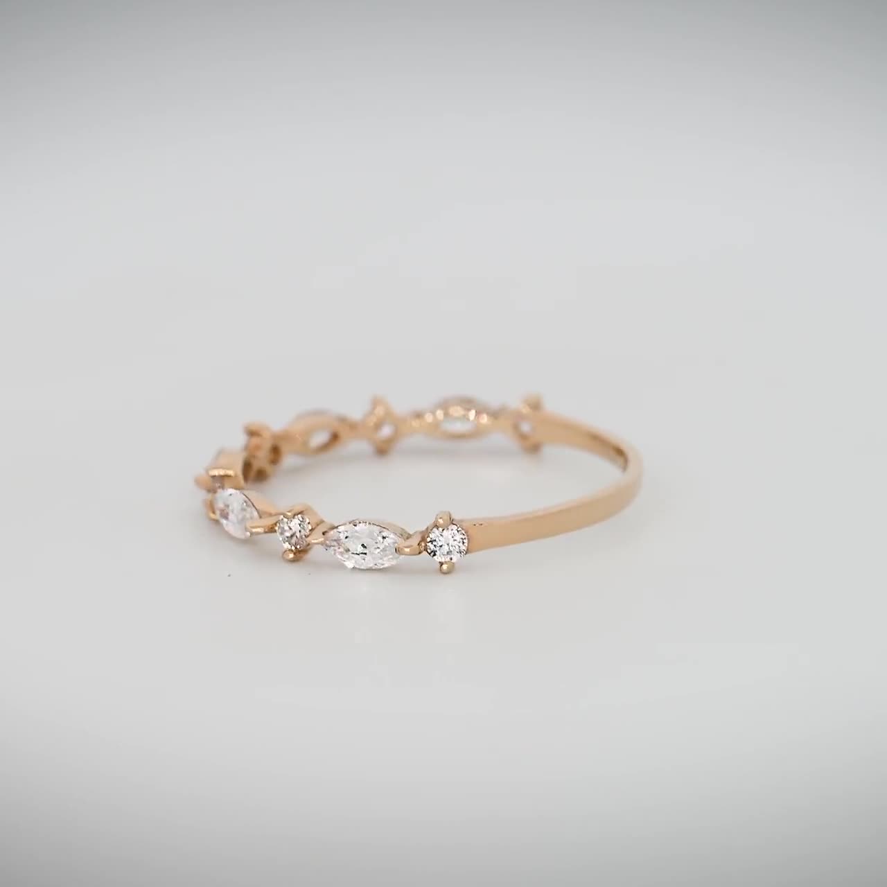 14k Solid Gold Marquise Band Wedding Ring | Eternity Stacking Ring Women |  Dainty Ring Enhancer | Unique Anniversary Cubic Zirconia Ring