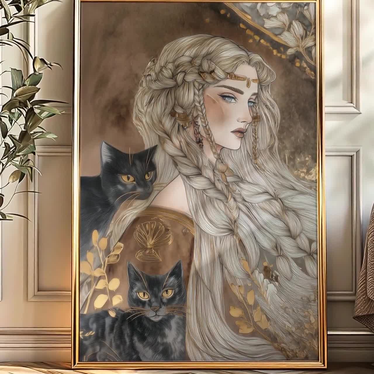 フレイヤ 北欧の女神 アートプリント バイキング神話 壁飾り 猫と