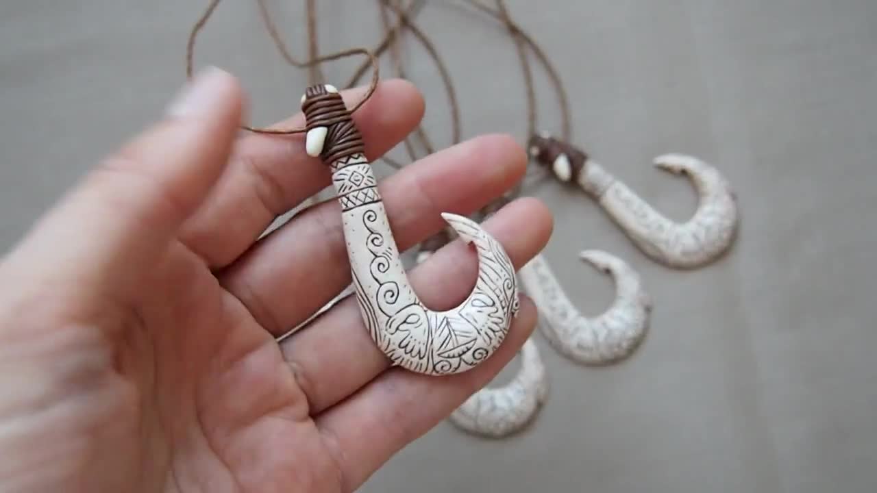 Moana Inspired Hand Carved Bone Fish Hook Necklace for Men