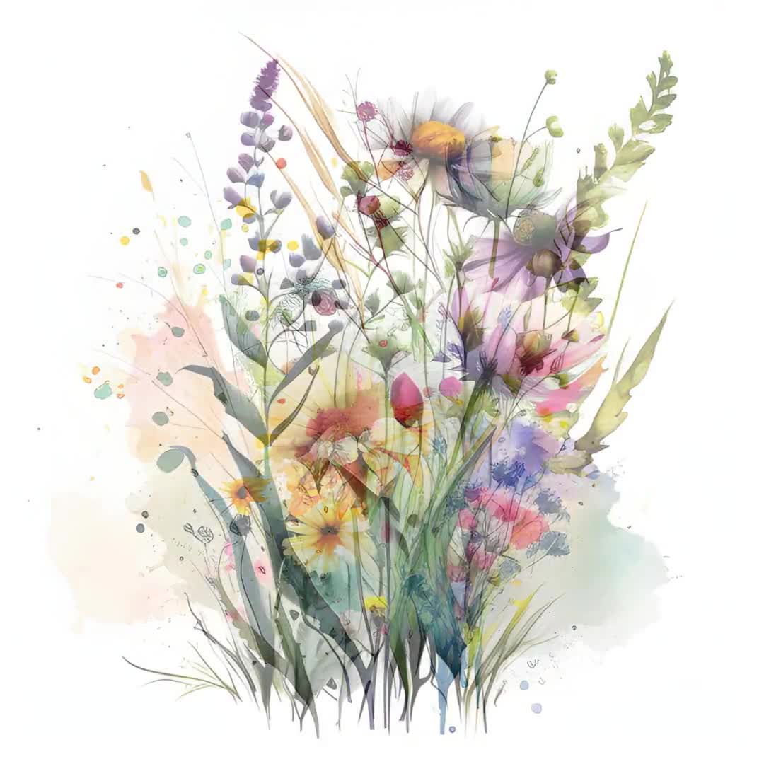 水彩画風の野花クリップアート、春の花束イラスト（デジタル