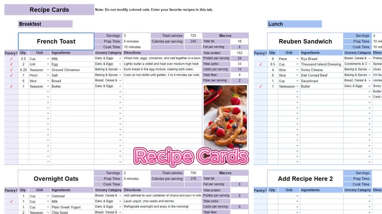 Weekly Meal Planner Spreadsheet | Google Sheets & Excel | Auto Grocery List + Recipe Builder + Pantry + Calorie Tracker | Editable Template video poster