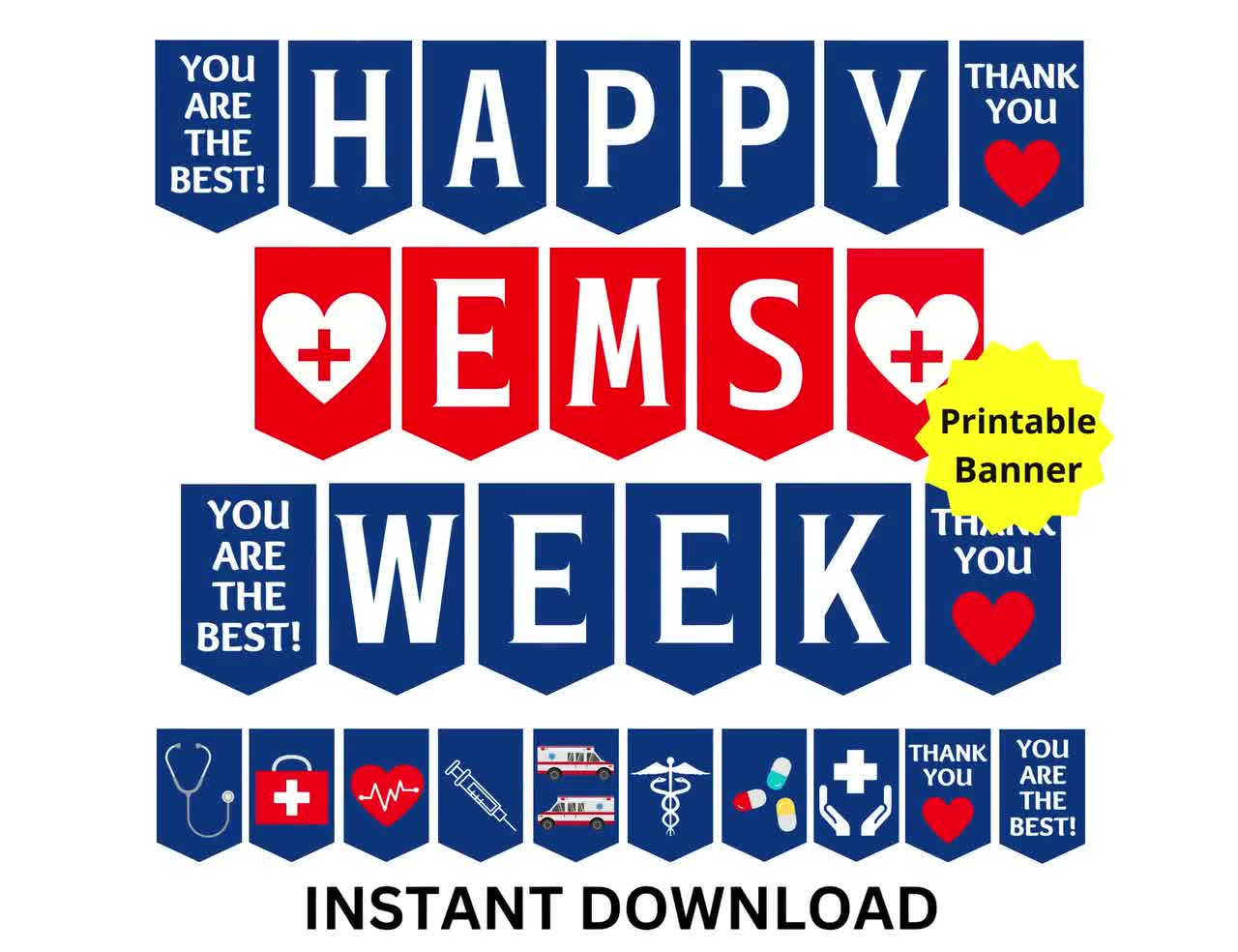 EMS Week Banner - Emergency Medical Services Appreciation Decor With Red Blue Glitter