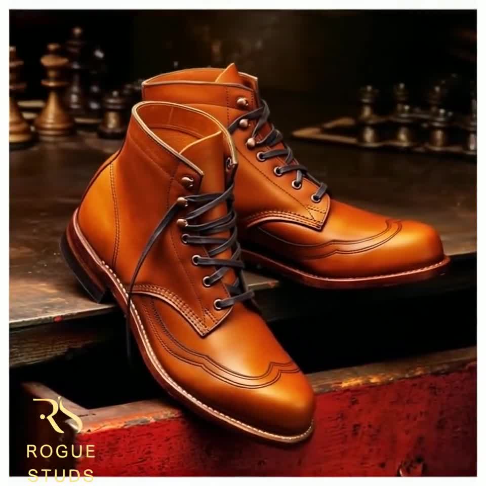 Rogue Studs Handmade Men's Tan Leather Wingtip Boots | Vintage Lace-Up Ankle Boots | Genuine Leather Brogue Dress Boots for Men