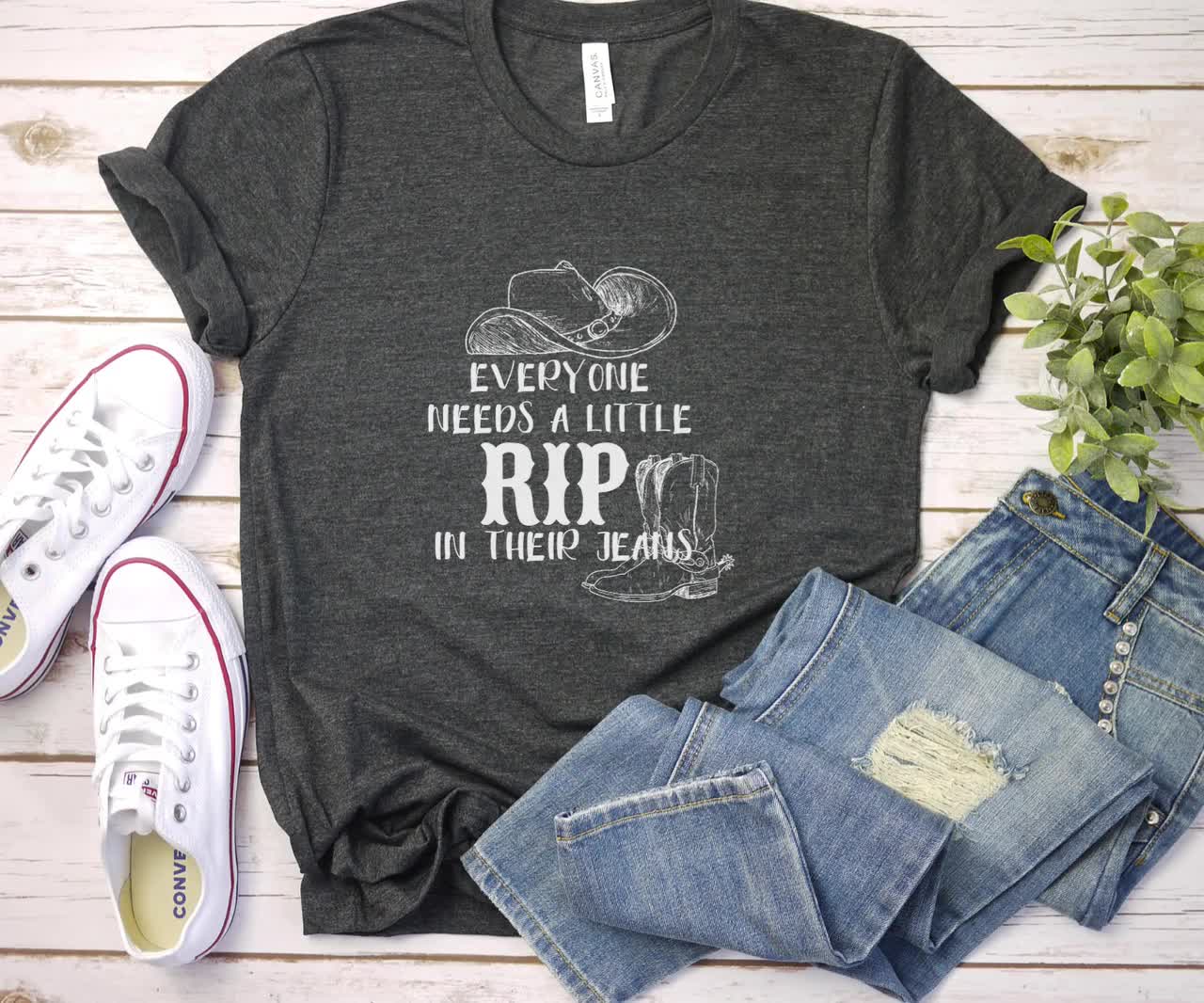 Every Girl Needs A Little Rip In Her Jeans T-Shirt - Vintage V-Neck Graphic Tee For Women (Gray, Small) - View #2