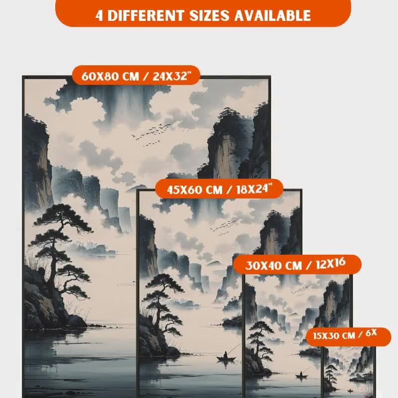 Japanese Sumi-e River Landscape Art Print – Metal Framed Wall