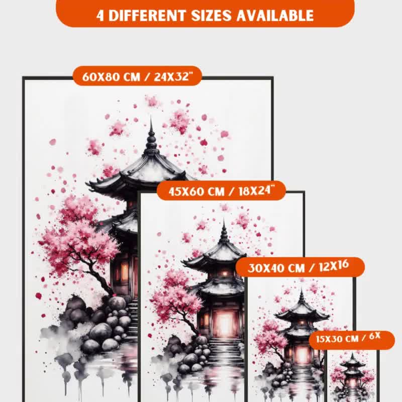Cherry Blossom Temple Wall Art – Japanese Ink Style Pagoda With