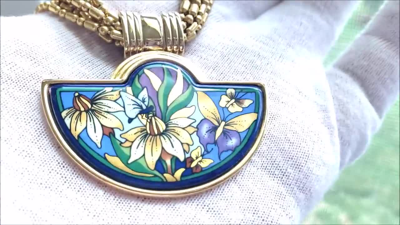 Vintage Michaela Frey Enamel Pendant Necklace: 24K Gold-plated