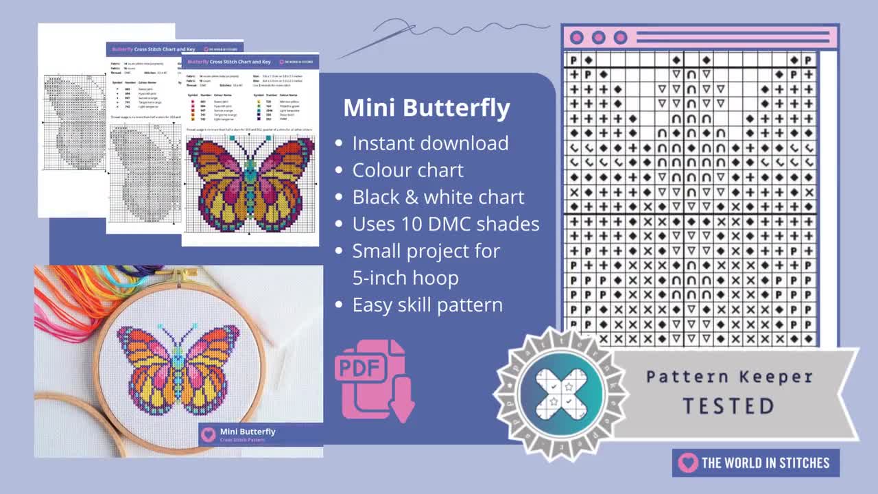 PATTERN Quick Stitch Butterfly Cross Stitch Chart Easy Pretty Small Insect  Modern Design Happy Colours Fits 5-inch Hoop on 14 Count 