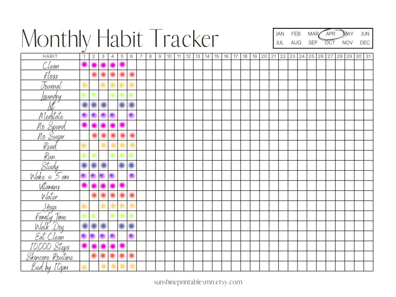 Minimalist Dot Journal Monthly Habit Tracker, Printable Instant