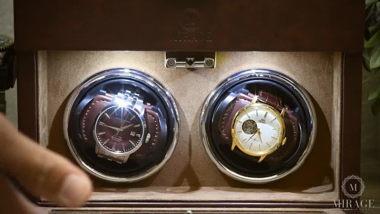 Luxus Uhrenbeweger Box Beste Uhrenbeweger für Automatikuhren Uhrenbeweger Safe Case Mirage Coffee Brown Uhrenbox für Männer Geschenke für Männer video poster