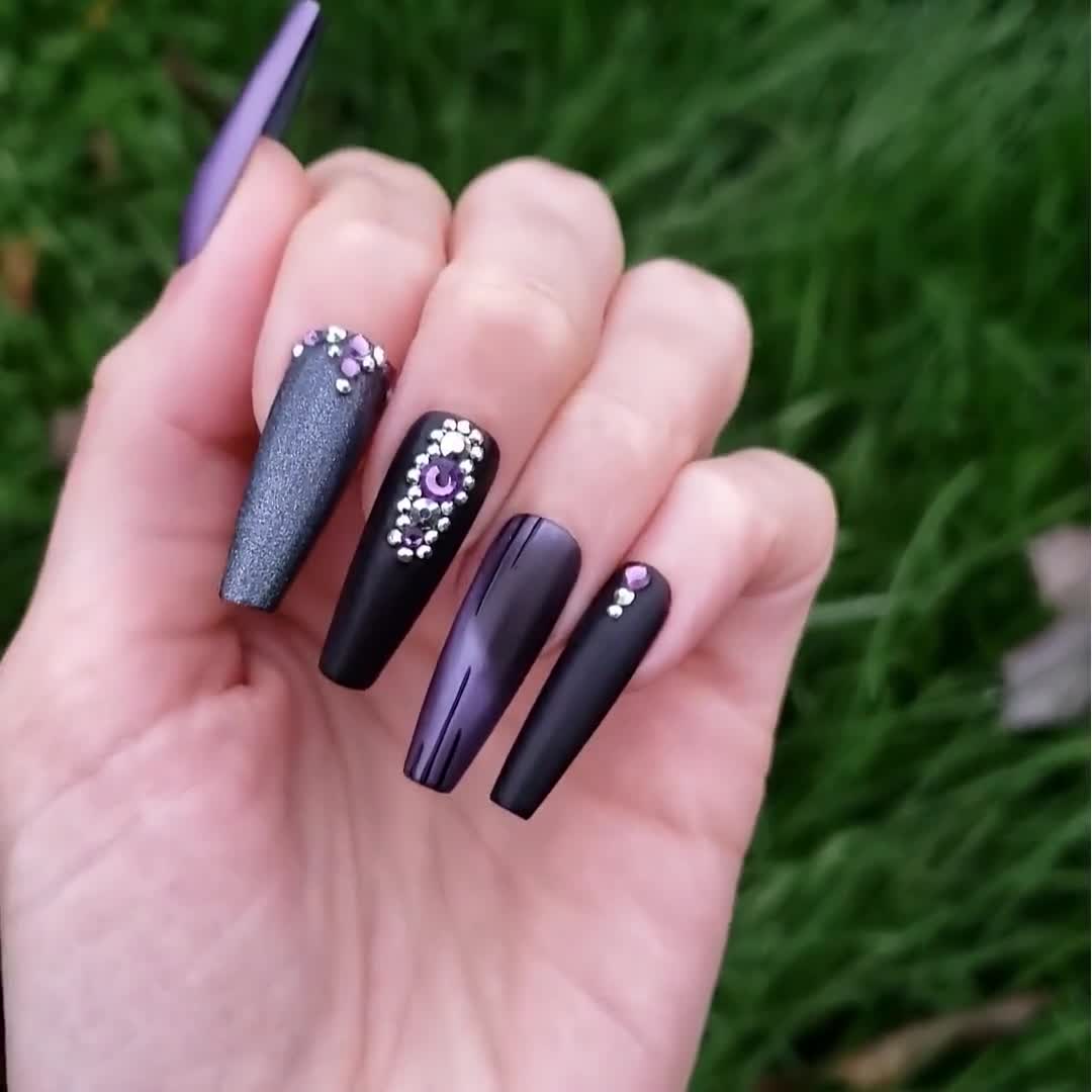 Mistress, cat eye nails, nails with bling, long purple nails, purple and  black nails, luxury nails, glam nails, nail art