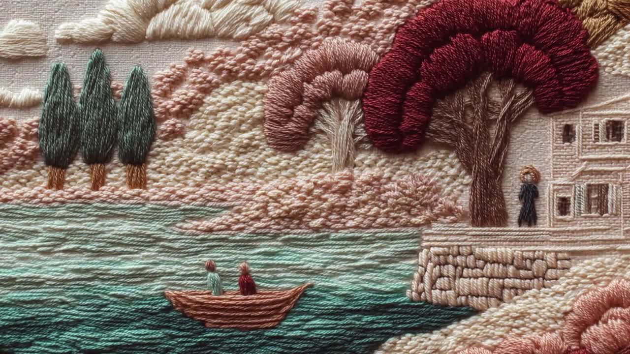秋の湖の刺繍アート、ヴィンテージ風景フレームテレビアート（デジタル