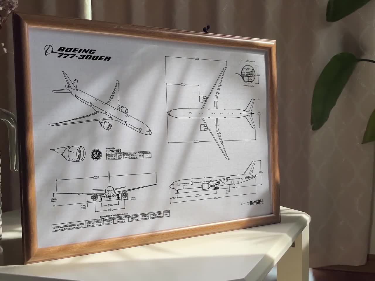 Boeing B777-300ER Blueprint Poster Horizontal | Aviation Wall Art