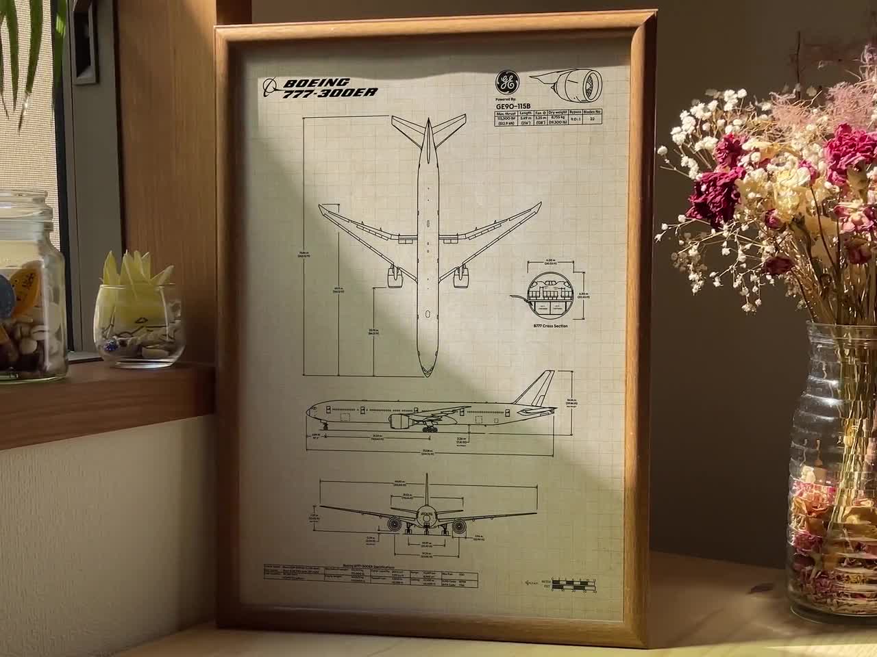 Boeing B777-300ER Blueprint Poster Vertical | Aviation Wall Art