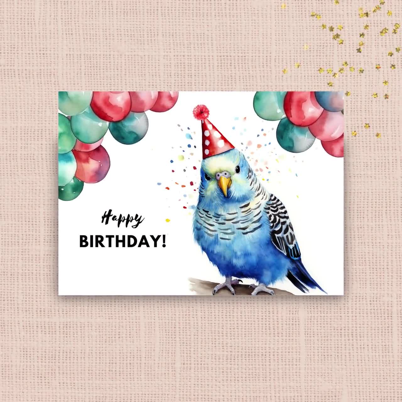 インコの誕生日カード、パーティーハットと風船、青いセキセイインコの