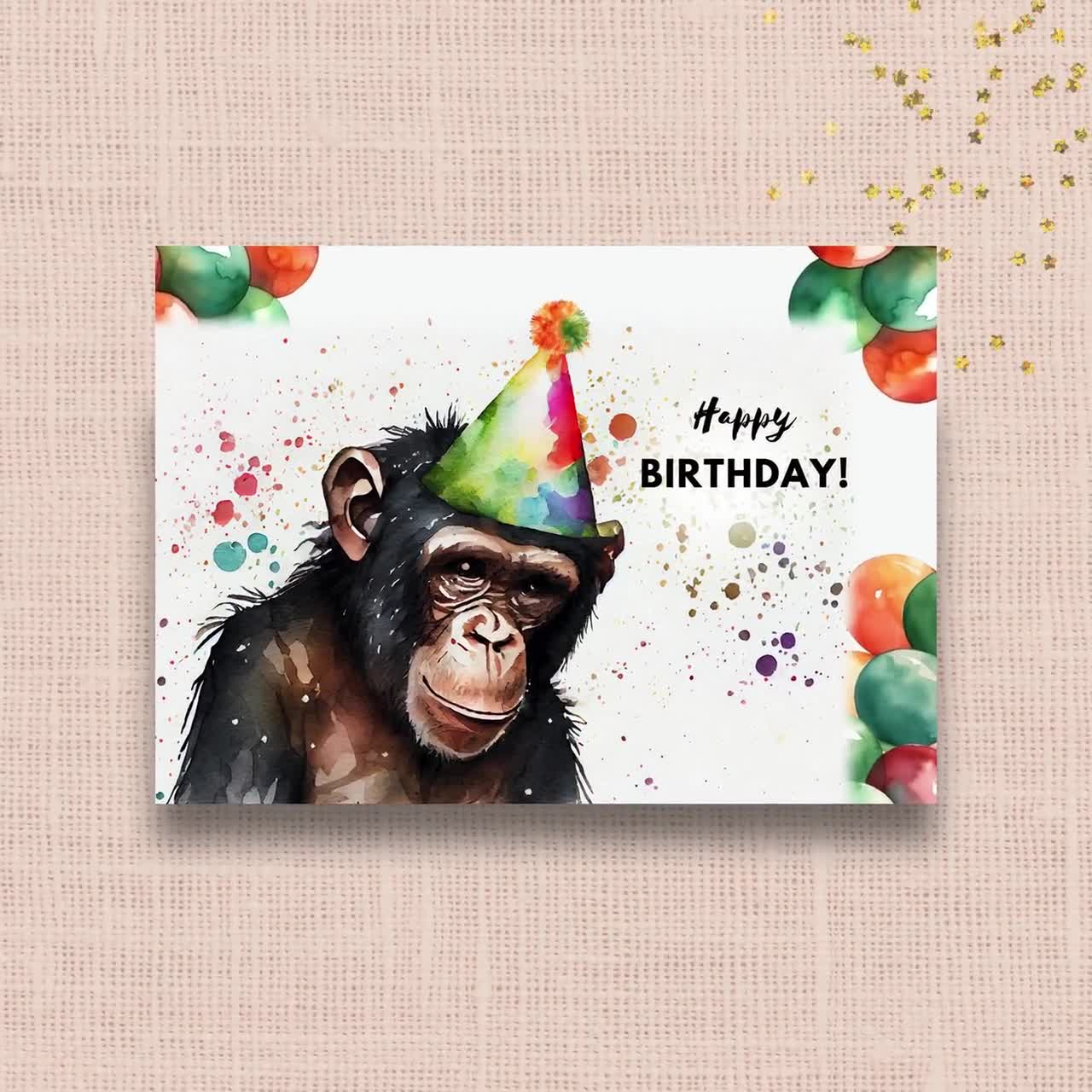 Chimpanzee Birthday Card With Party Hat, Happy Birthday