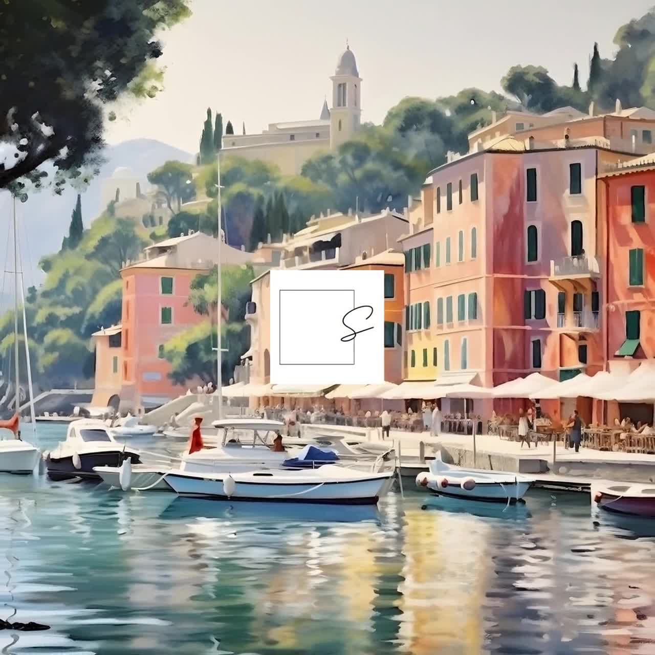 ポルトフィーノの水彩画、イタリアのリグーリアの街並みを描いた額入り