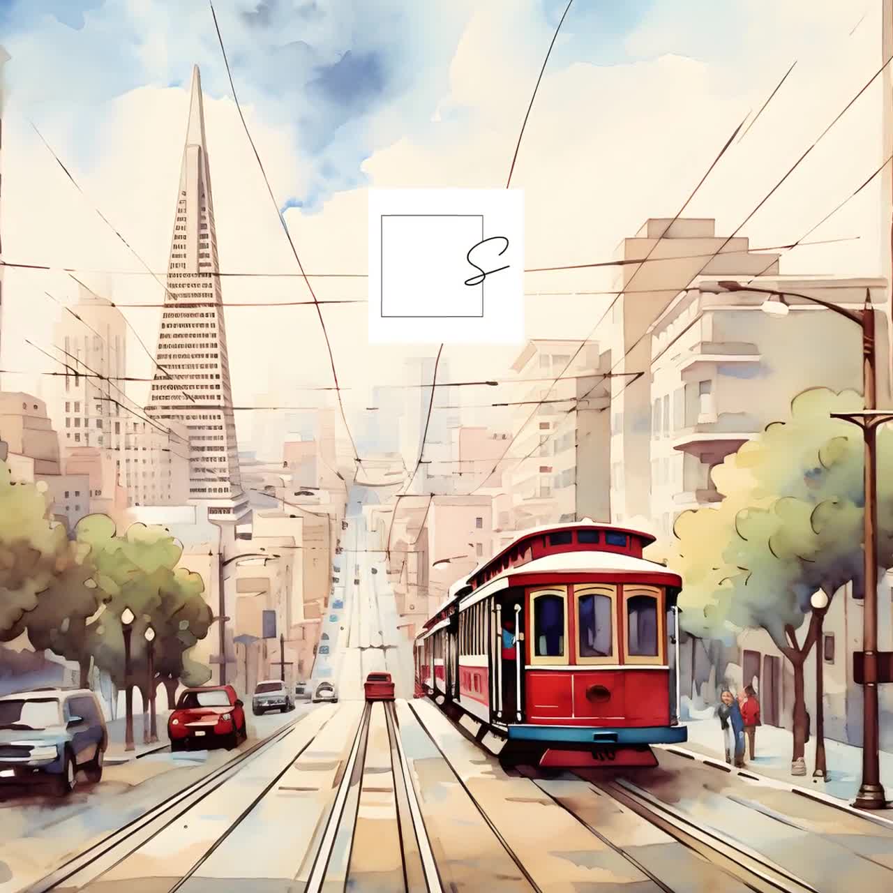 サンフランシスコの水彩画：ケーブルカーアート、額入りキャンバス