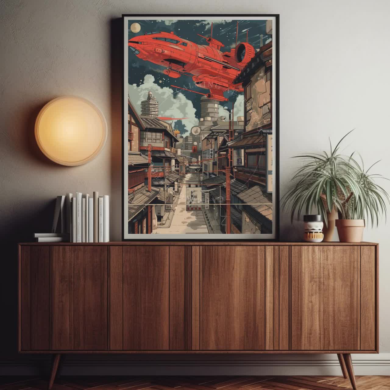 Digital Download Retro Futuristic Town Spaceship Wall Art Print