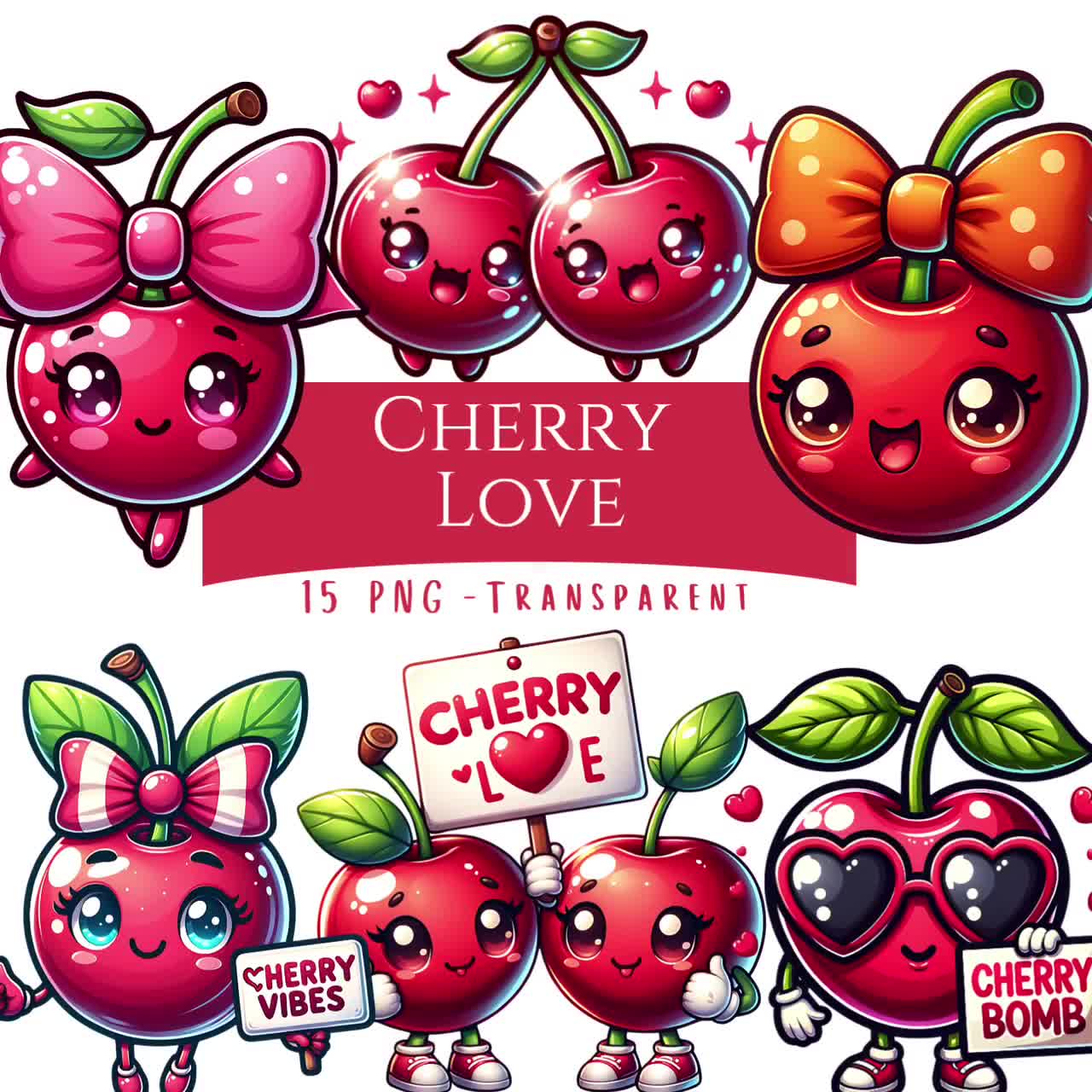 Cherry Love Clipart Bundle 15 PNG Cute Cherry Character Fruit