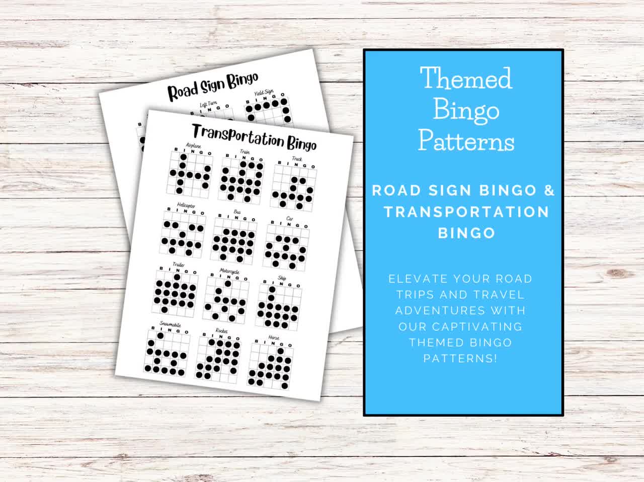 Bingo Patterns - Travel Bingo! Two themed bingo games, Transportation Bingo  (12 patterns) and Road Sign Bingo (10 patterns), print now!