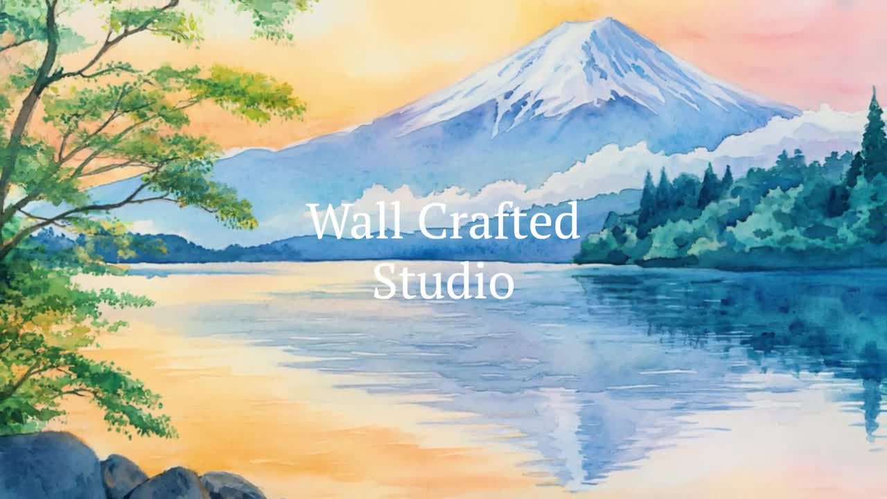 河口湖の絵画、富士山の水面反射の壁画、日本の夏の夕焼けのアート