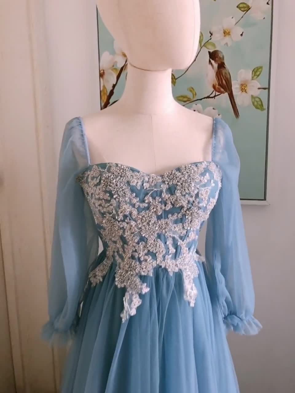 dusty blue formal dress with sleeves Dusty Blue Ball Gown Satin Appliques Dress – Lisposa main image 0
