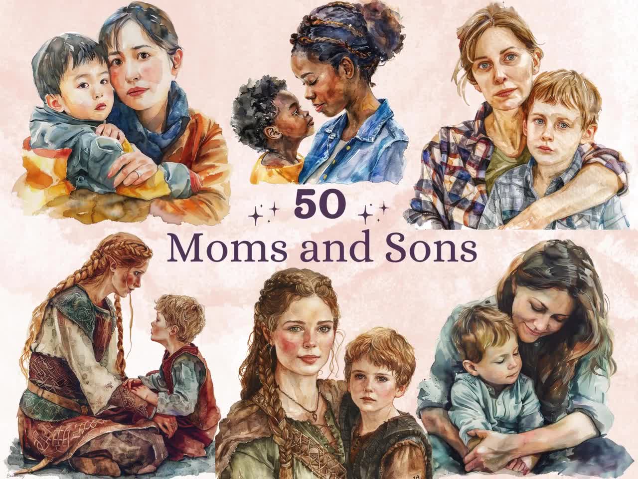 50 PNG aquarel moeders en zonen clipart, Moederdag liefde illustraties  illustraties, moederschap familie png, schattige moeder en kind sublimatie, image size:1280x960