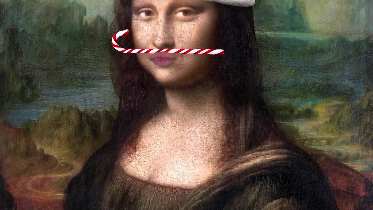 Mona Lisa Santa Hat & Candy Cane Print Eclectic Wall Art Alter Art