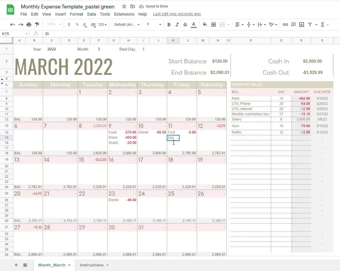 Monthly Budget Calendar Google Spreadsheet Template Excel Budget Template Monthly Bill Tracker Expense Tracker Finance Tracker - Etsy