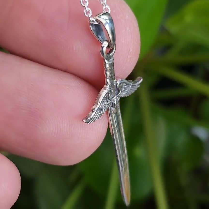 アクセサリー 925 Silver Winged Sword Pendant Necklace Winged Sword Pendant Necklace Archangel St Michael's Broad