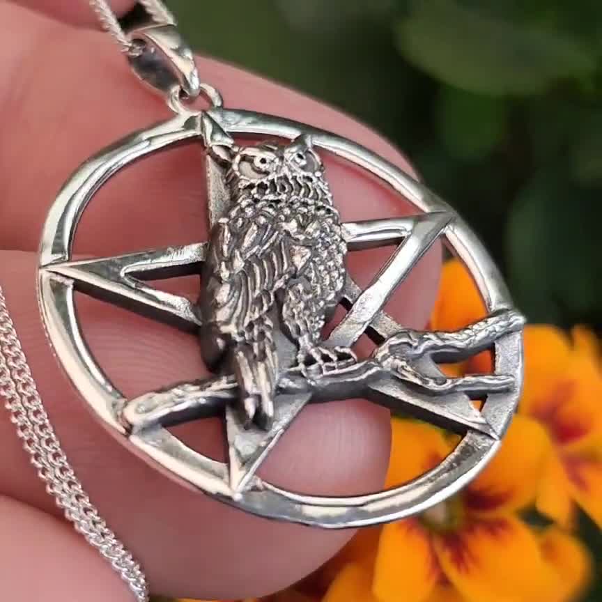 Owl Pendant Necklace 925 Sterling Silver Pentagram Wise Owl