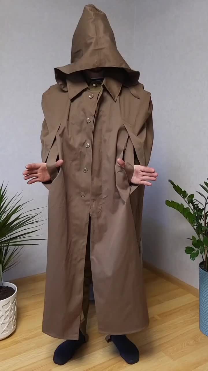 Brown Rubberized Hooded Rain Cape, Long Waterproof Cloak, 1980s