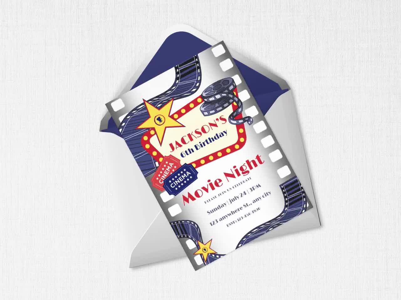 12 Inviti Di Compleanno A Tema Cinema Per Bambini - Biglietti Con Simpatico Gatto, Formato Cartolina DIN A6, Carta Rigida 350g/m² - 2
