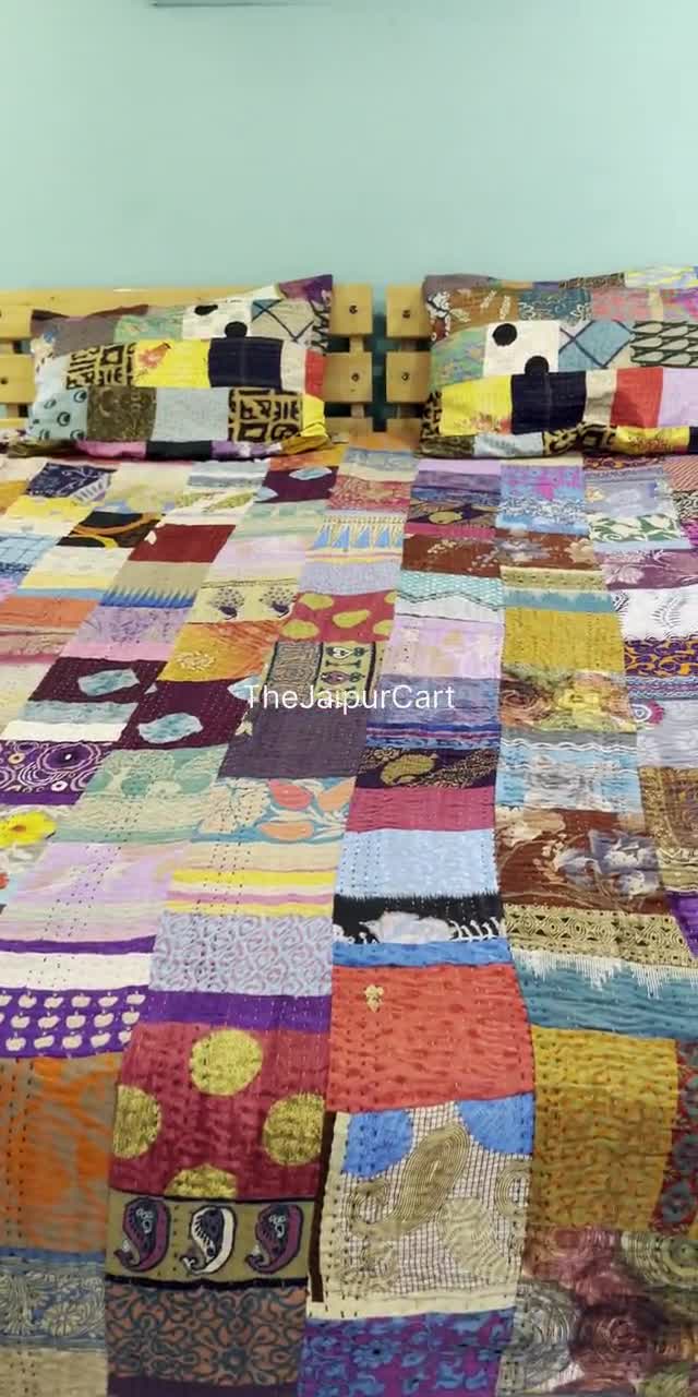 Couvre-lit Patchwork Kantha En Coton Fait Main - Motifs Multicolores Vintage - Taille Queen (228x274 Cm) - Décoration Ethnique Indienne