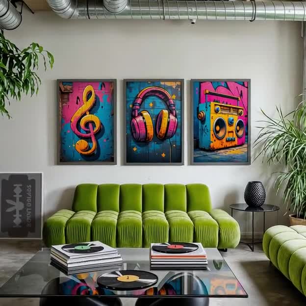 Graffiti Music Wall Art Set of 3 Print, Boombox, Headphones, Music