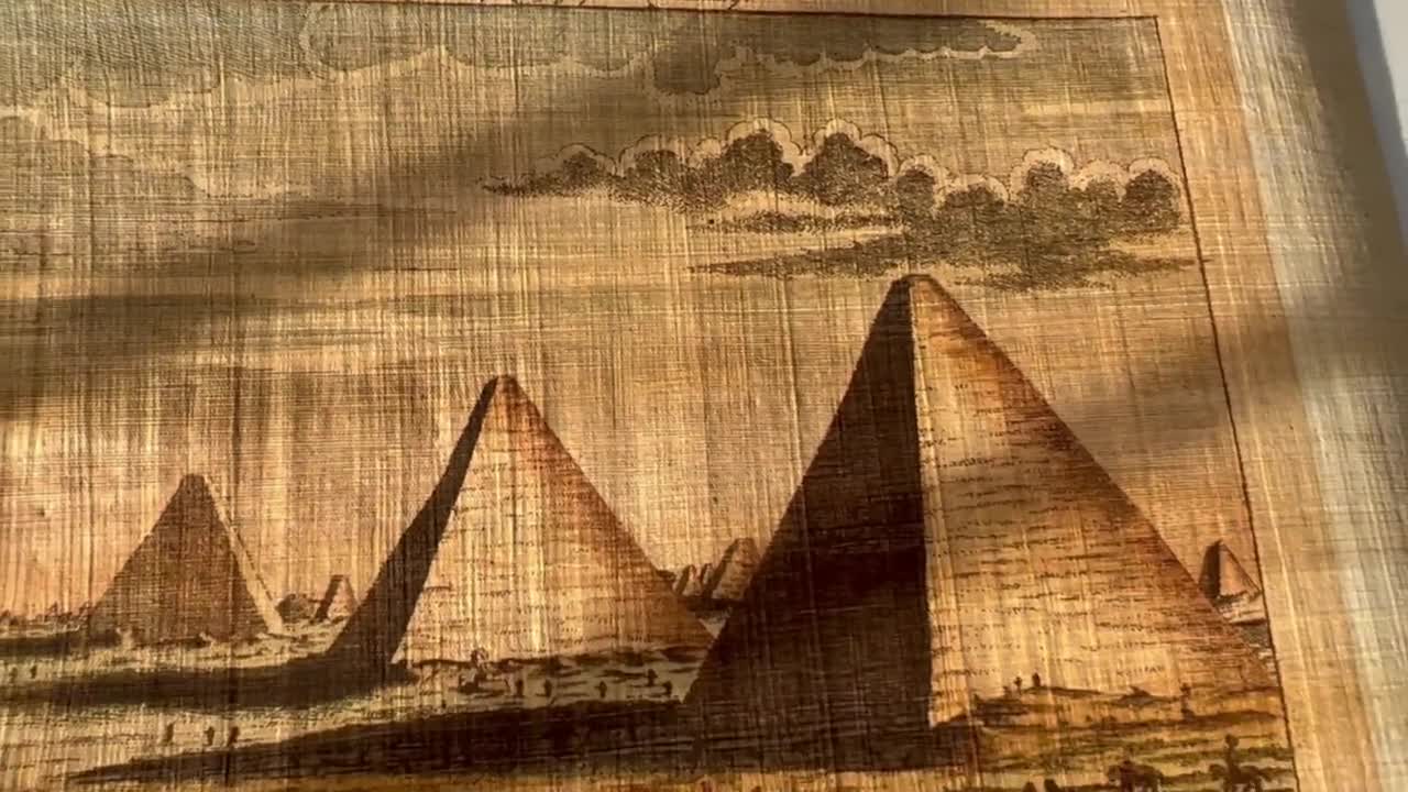 エジプトのピラミッドの本物のパピルス版画 • ギザの絵画 (13x9 インチ