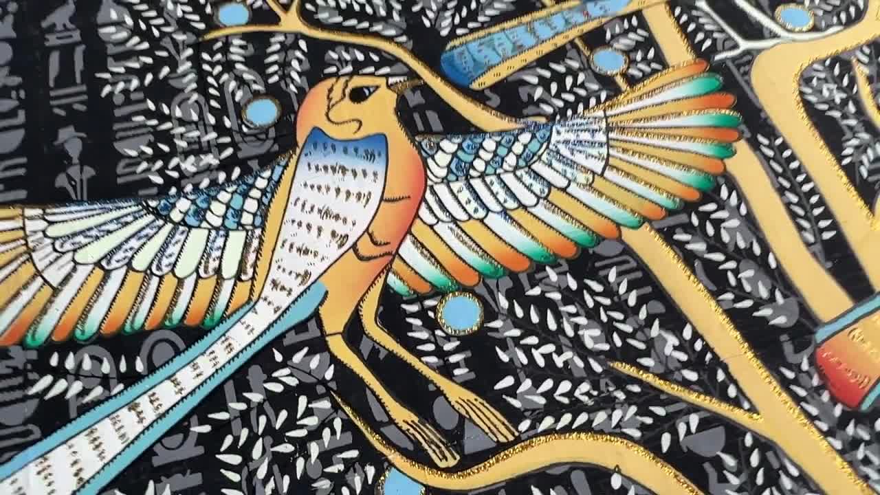 エジプトの生命の樹のパピルス画、暗闇で光る、手作りの壁アート