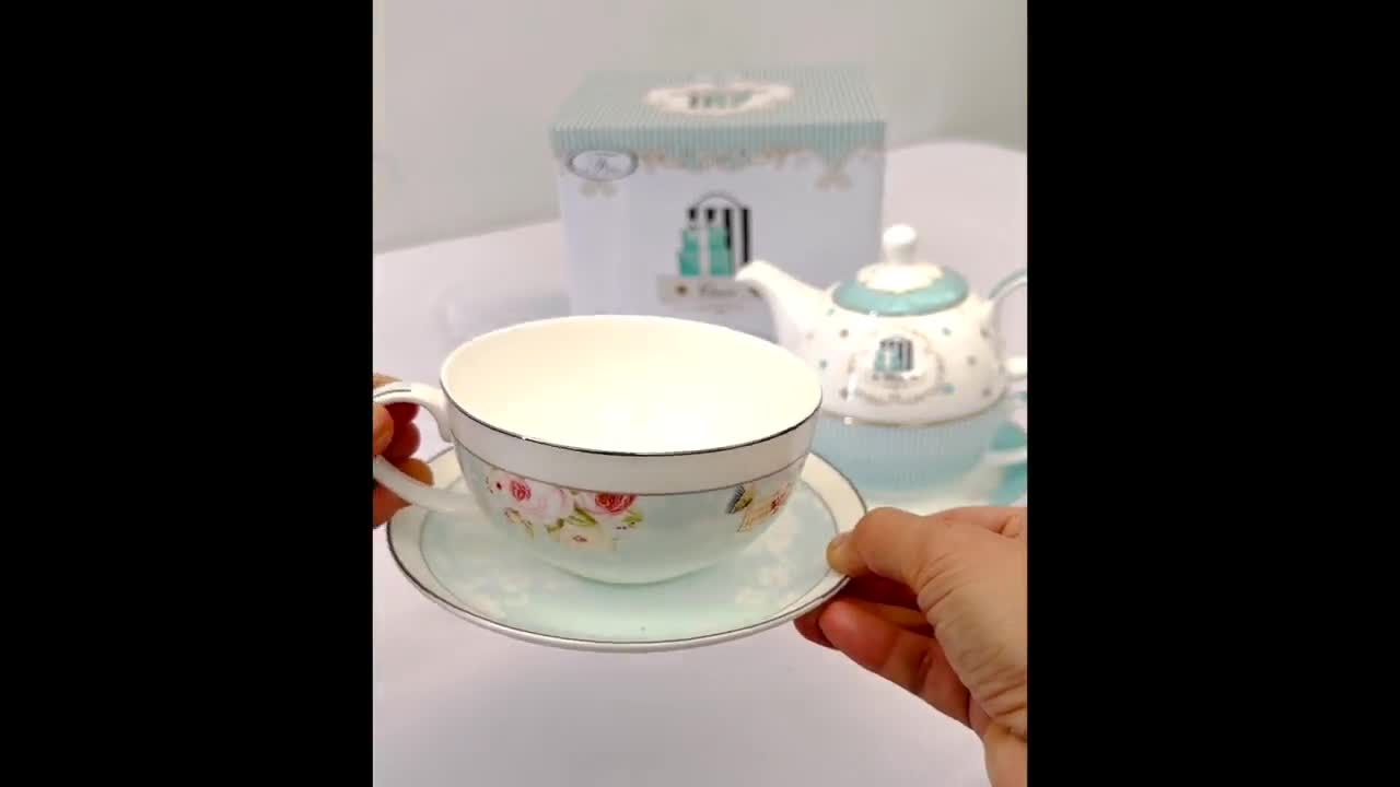 20 Pc Tea Set Tea Pot 6 Cups Saucers w/ Rack Silver Multi 3 oz Cup