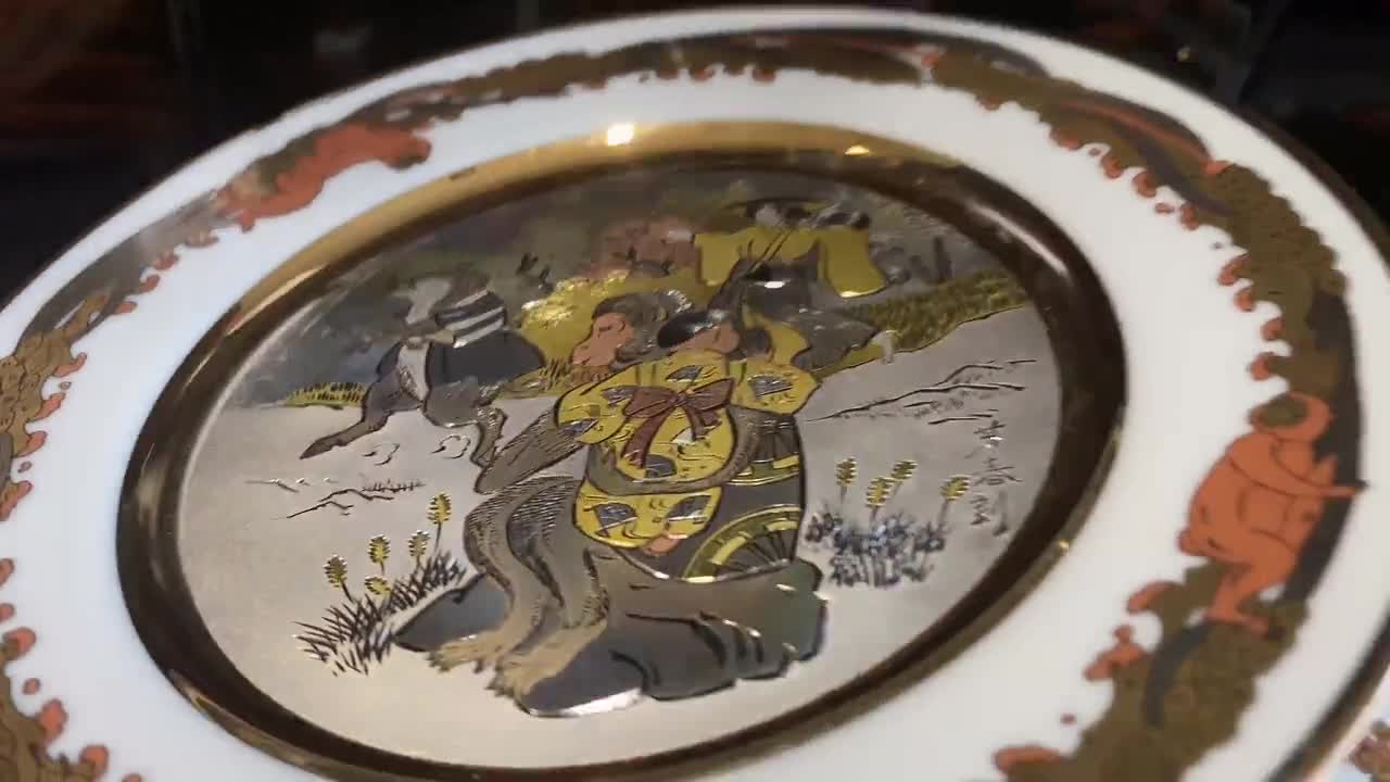 Old Japan Fairy Tales Chokin Plates Gold Etched Porcelain Dish