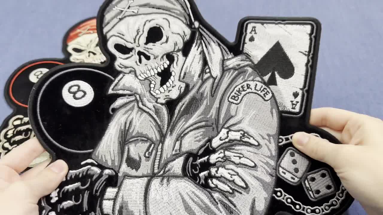 Biker Life Skull 8 Ball Aces and Dice Patch, Biker Skull Patches