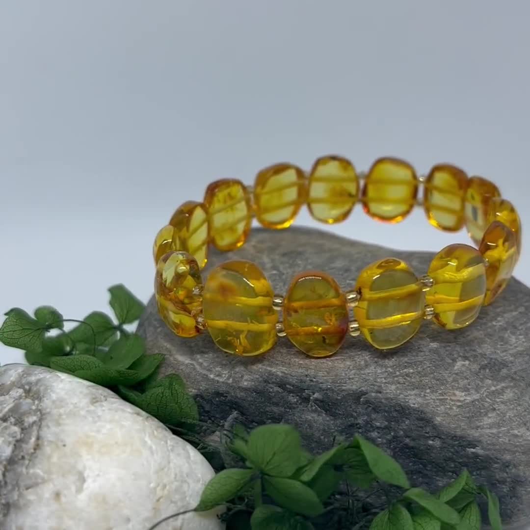 Bracciale In Ambra Baltica Autentica – Colore Cognac, Elastico, Misure 18-22 Cm