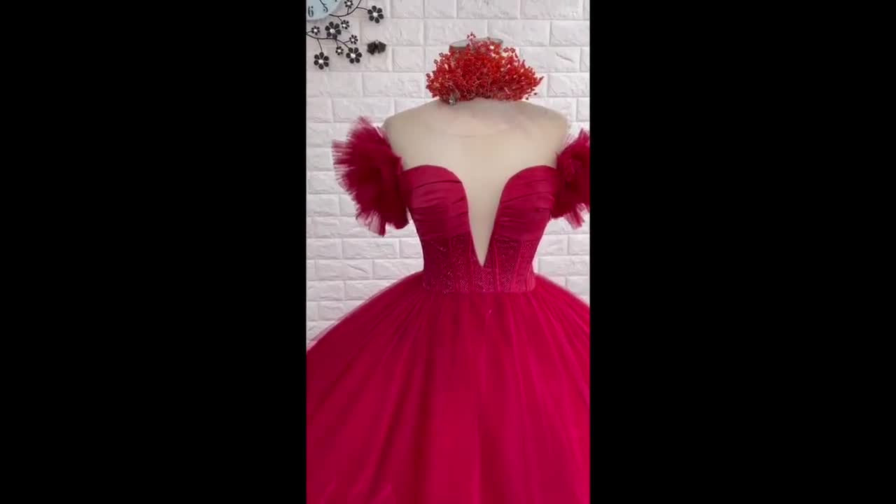 Layered/ tiered/ Pleated tulle skirt off the shoulder red ballgown wedding  or prom dress - various styles