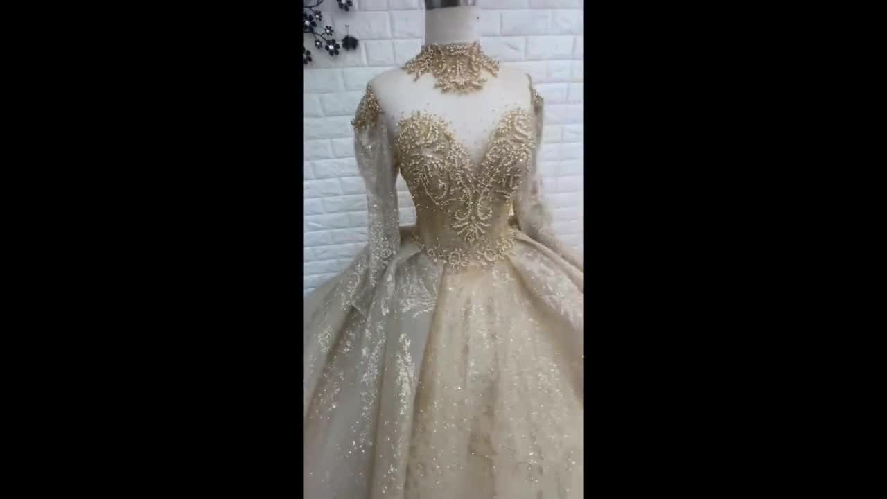 Long Sleeves Gold Beaded Sparkle Ball Gown Wedding Dress With Glitter Tulle  Various Styles 