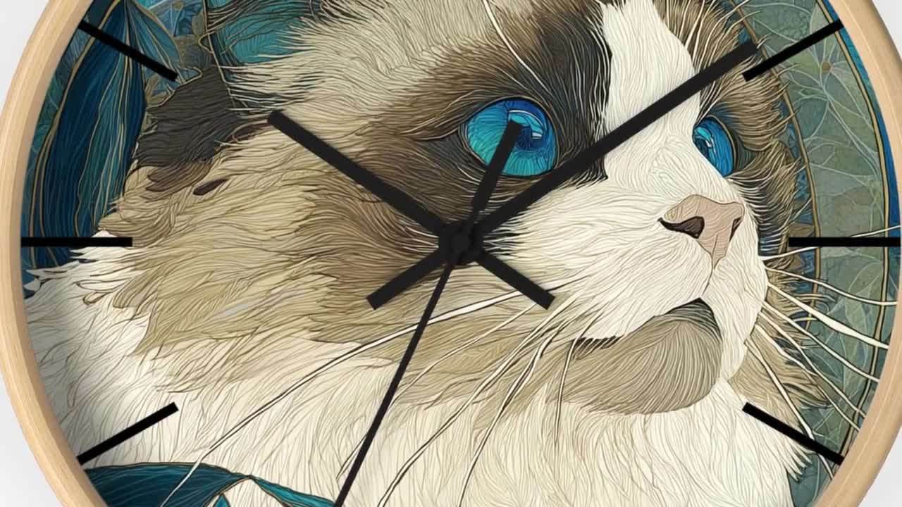 青い目をしたラグドール猫の壁掛け時計。芸術的なペットの肖像画