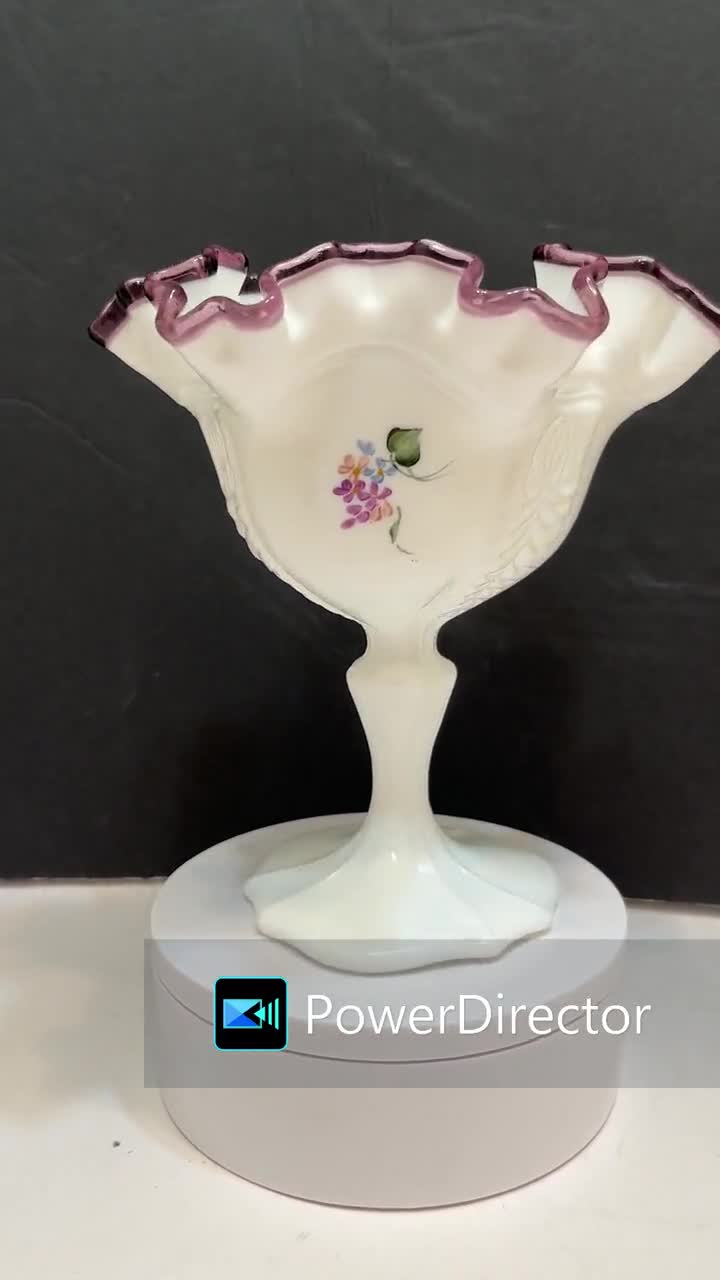 FENTON WHITE MILK GLASS PLUM RUFFLED CREST PITCHER HAND cheapest PAINTED LILACS